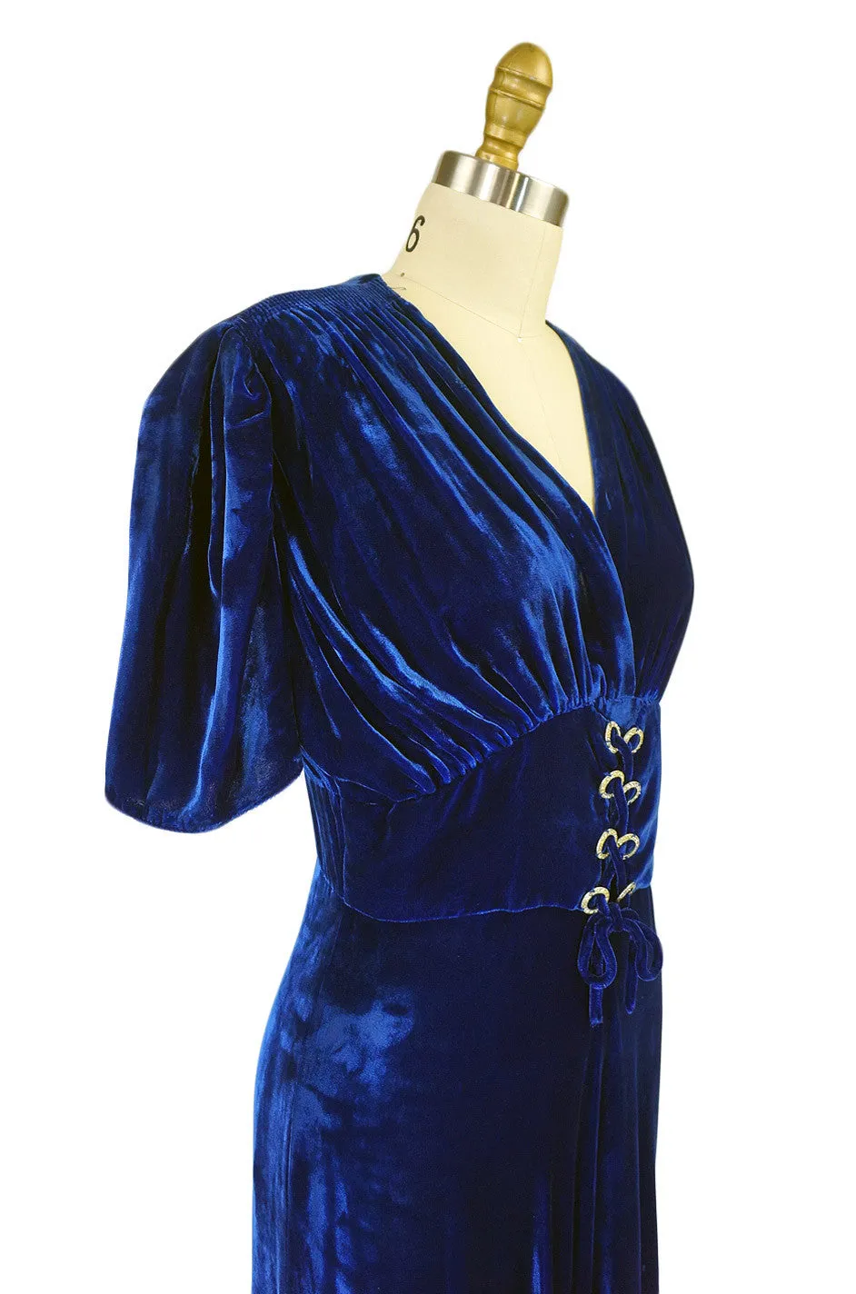 1930s Blue Silk Velvet Rhinestone Gown