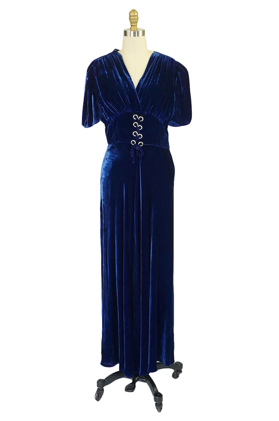 1930s Blue Silk Velvet Rhinestone Gown