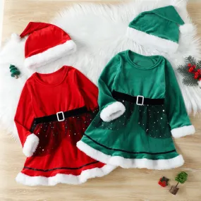 2022 Toddler Girls Long-sleeved Solid Color Mesh Stitching Christmas Dress