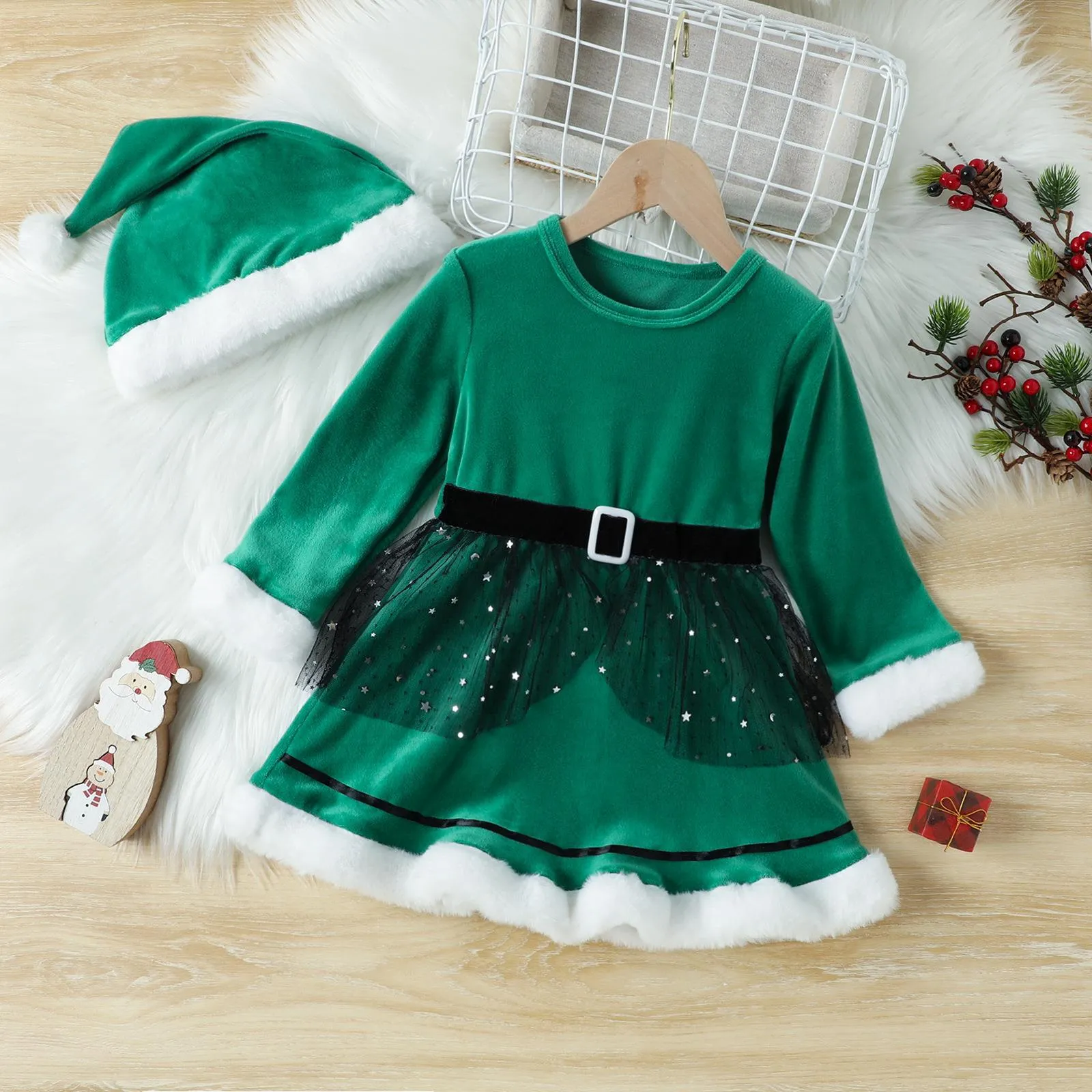 2022 Toddler Girls Long-sleeved Solid Color Mesh Stitching Christmas Dress