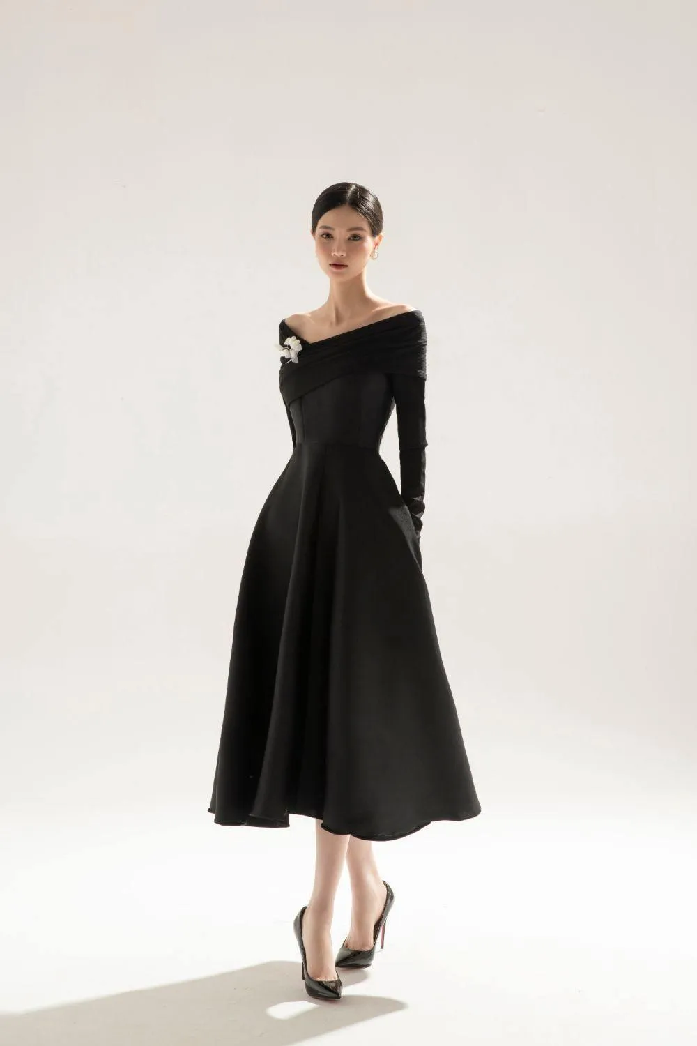 Aldona Fit and Flare Long Sleeved Taffeta Midi Dress