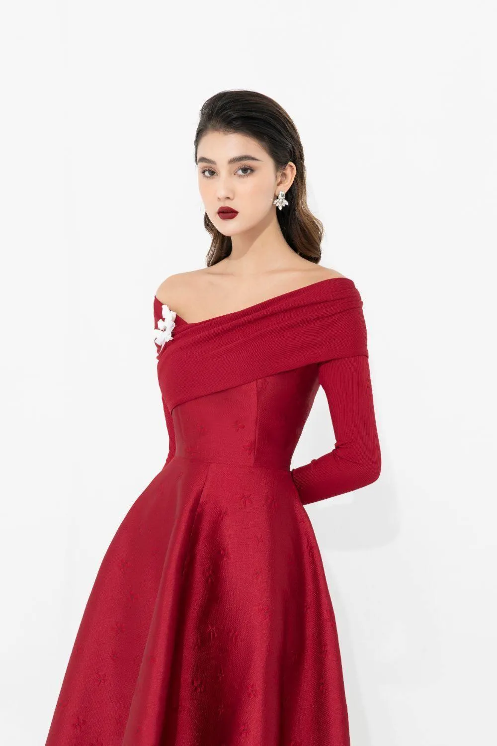 Aldona Fit and Flare Long Sleeved Taffeta Midi Dress