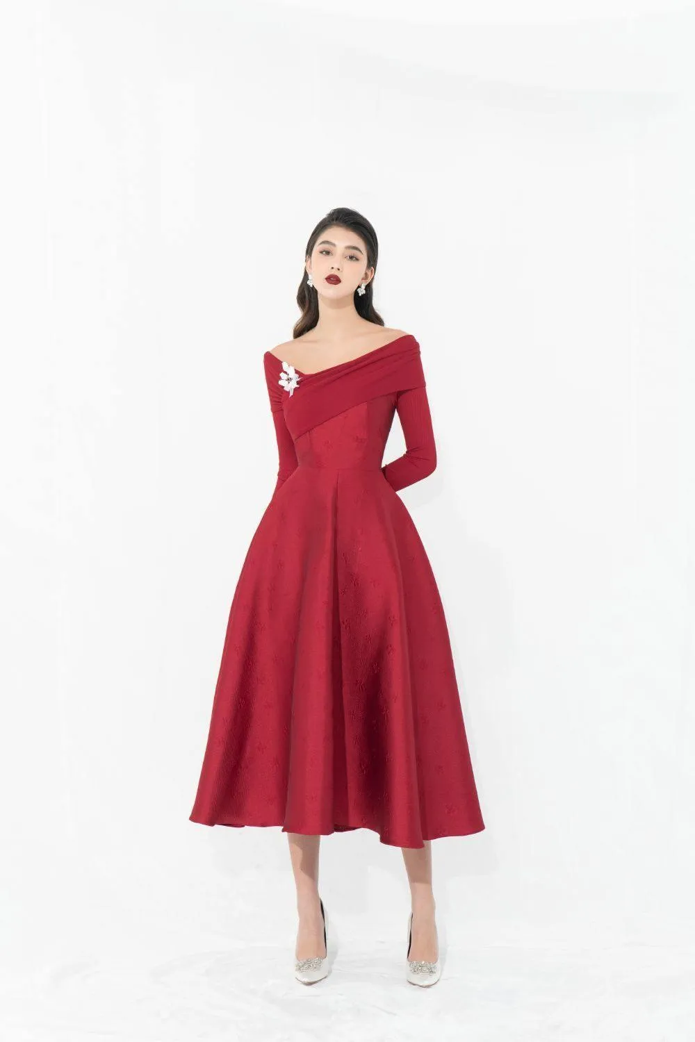 Aldona Fit and Flare Long Sleeved Taffeta Midi Dress