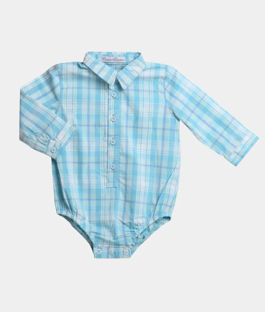 Baby Boy Teal Plaid Long Sleeved Romper