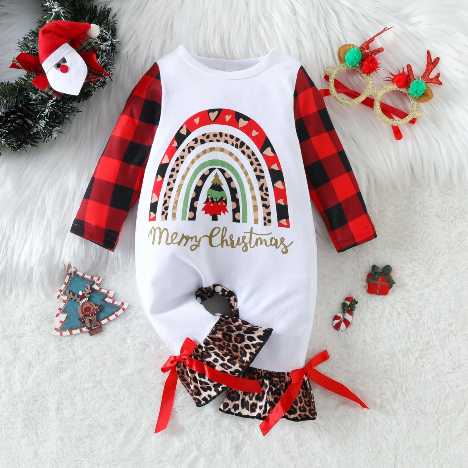 Baby Boys Girls Solid Color Christmas Print Long-sleeved Jumpsuit