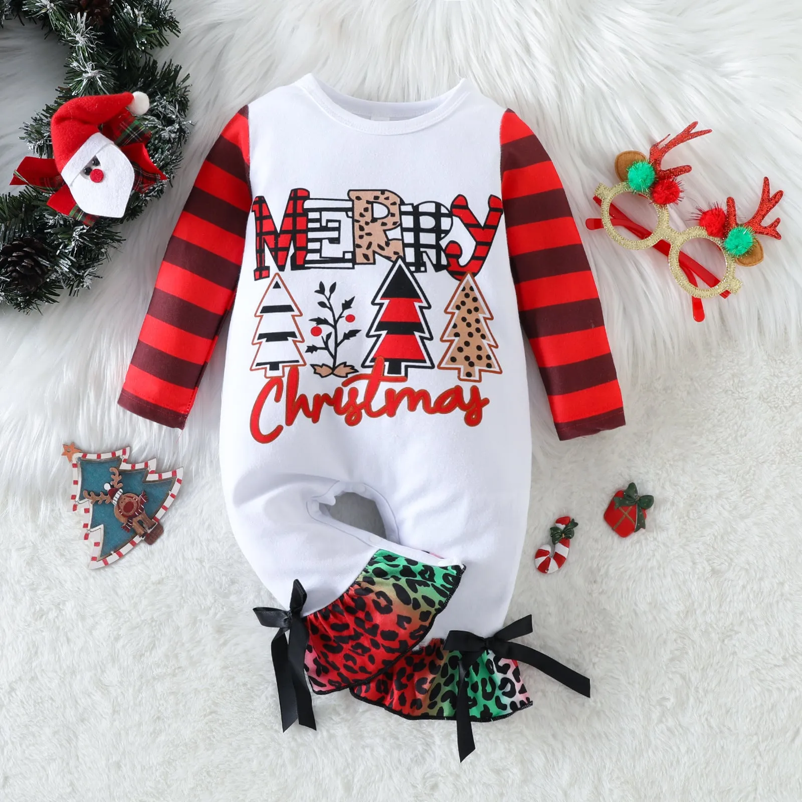 Baby Boys Girls Solid Color Christmas Print Long-sleeved Jumpsuit