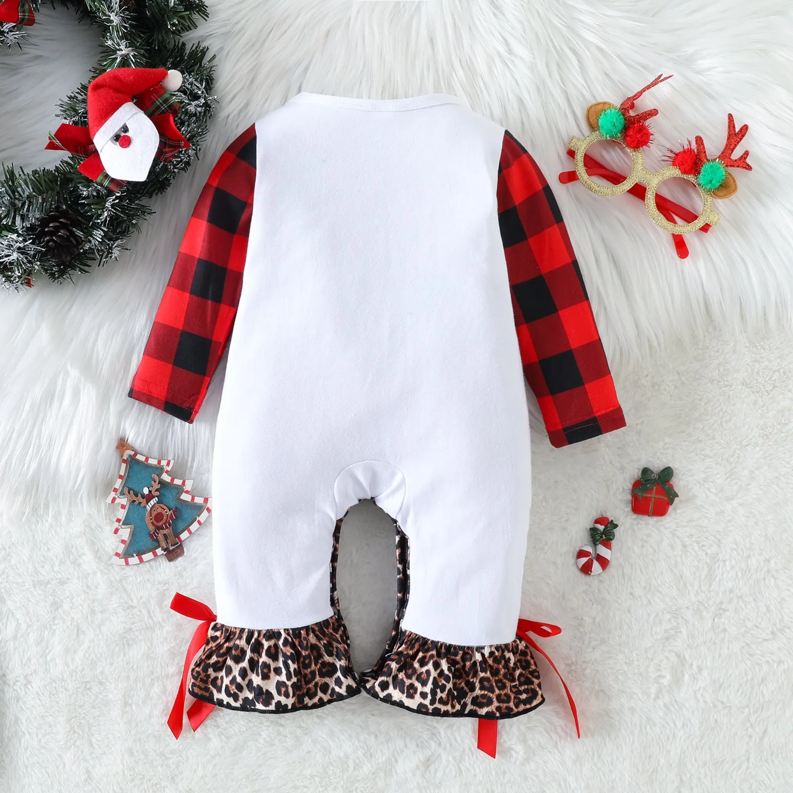 Baby Boys Girls Solid Color Christmas Print Long-sleeved Jumpsuit