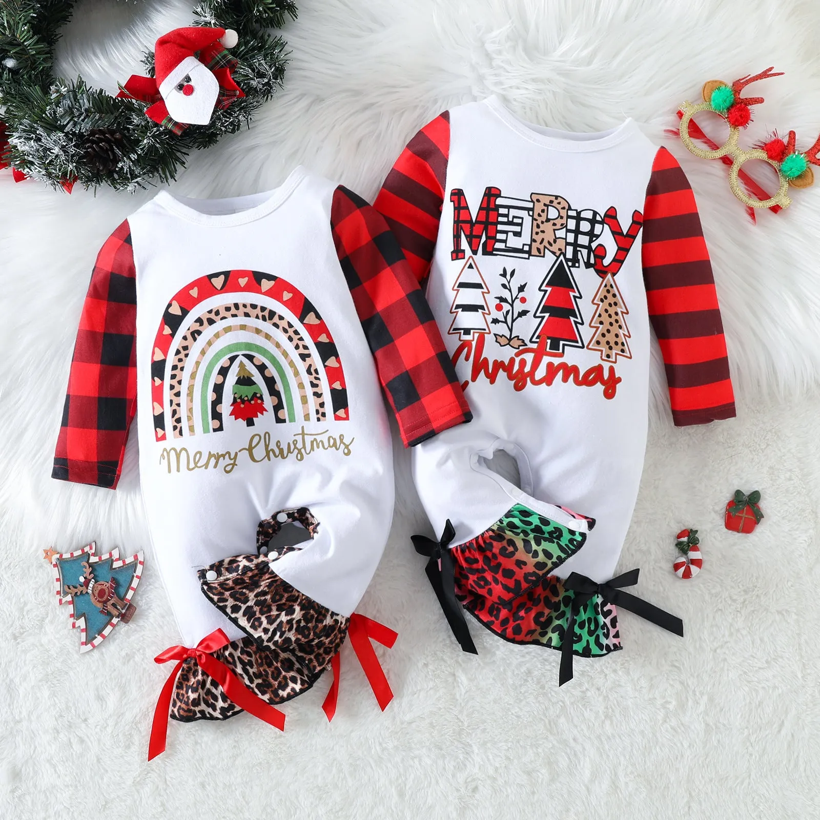 Baby Boys Girls Solid Color Christmas Print Long-sleeved Jumpsuit