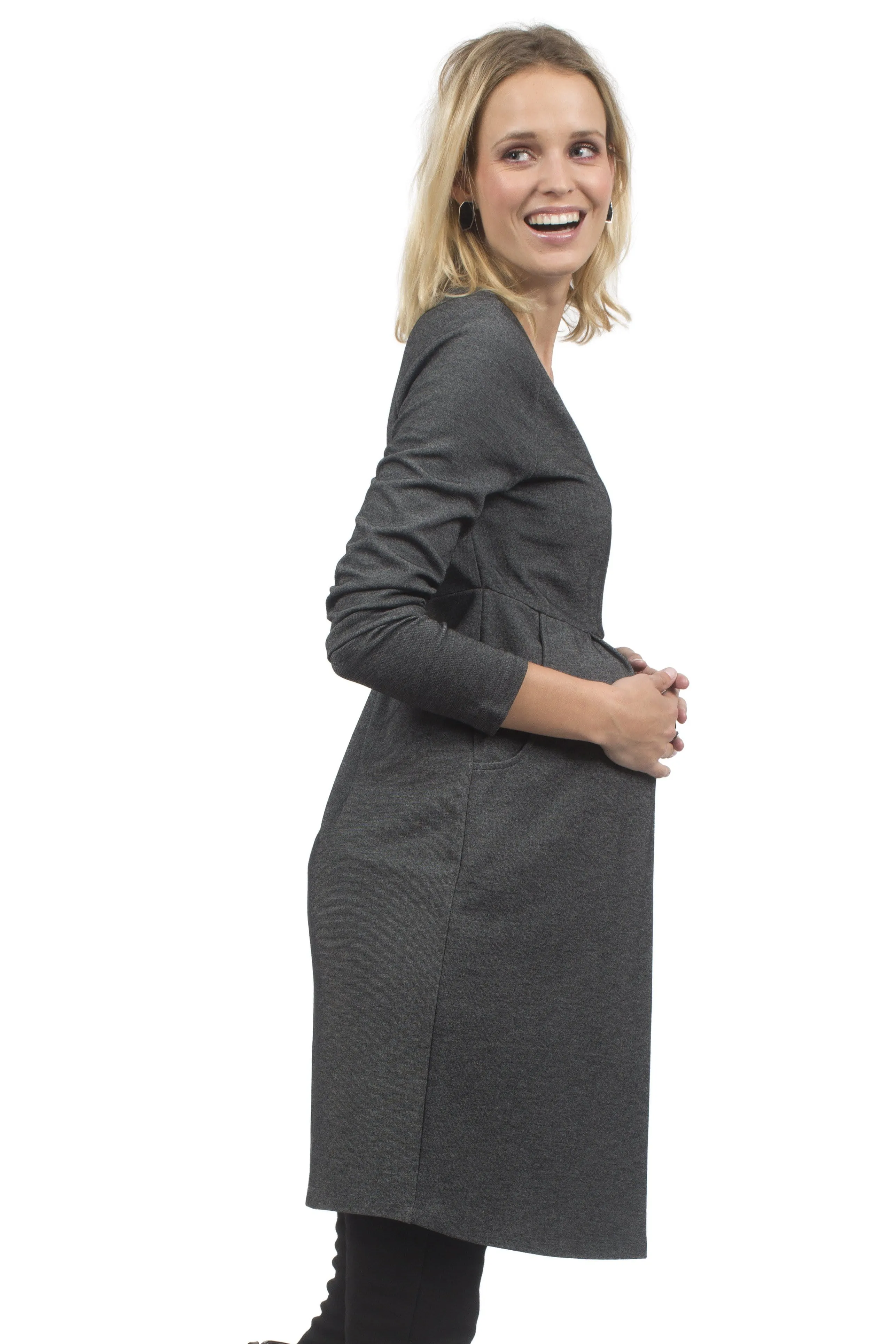 Bente Long Sleeved Bente V-Neck Nursing Dress H.Grey