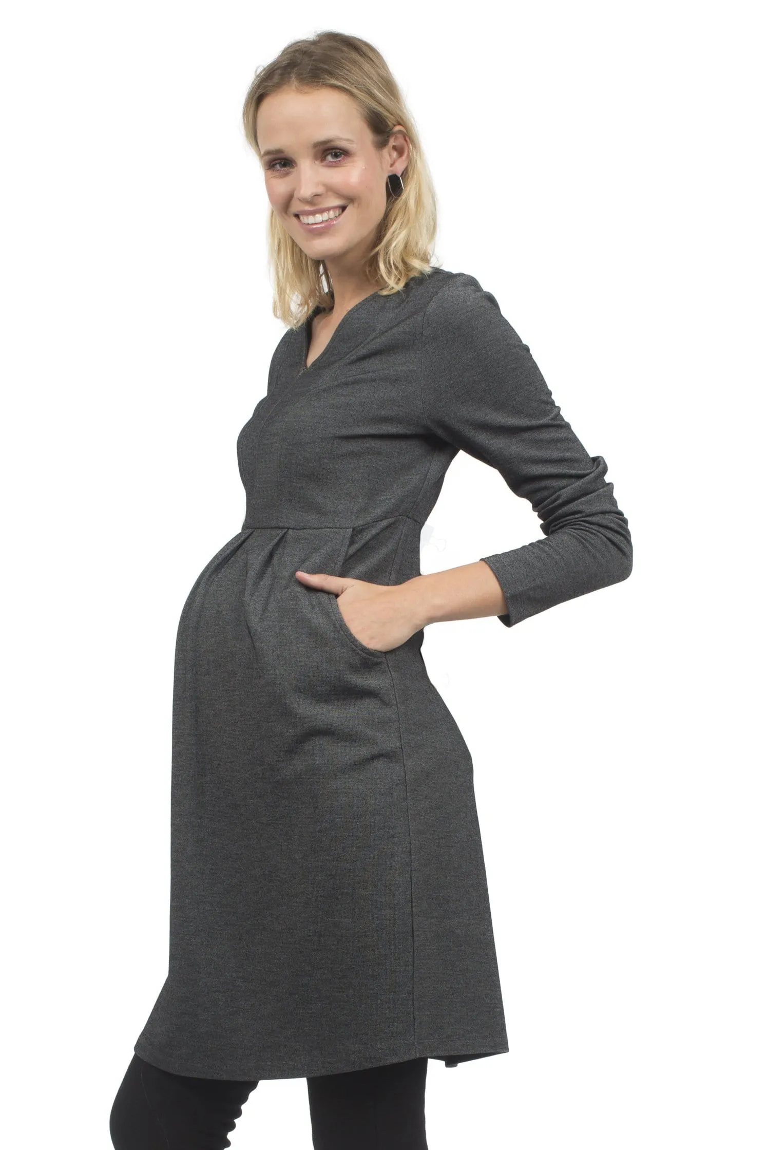 Bente Long Sleeved Bente V-Neck Nursing Dress H.Grey