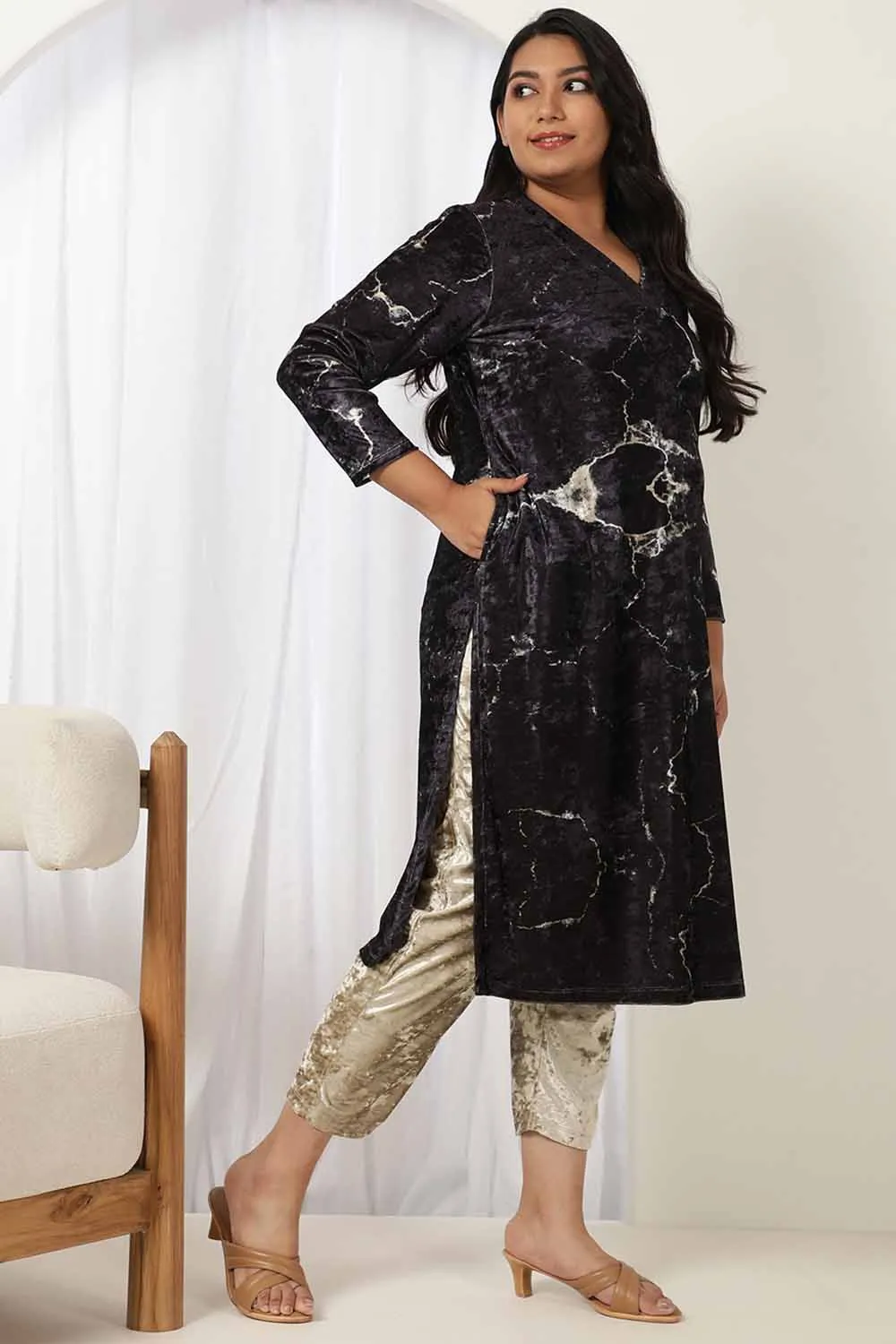 Black Marble V Neck Velvet Kurta