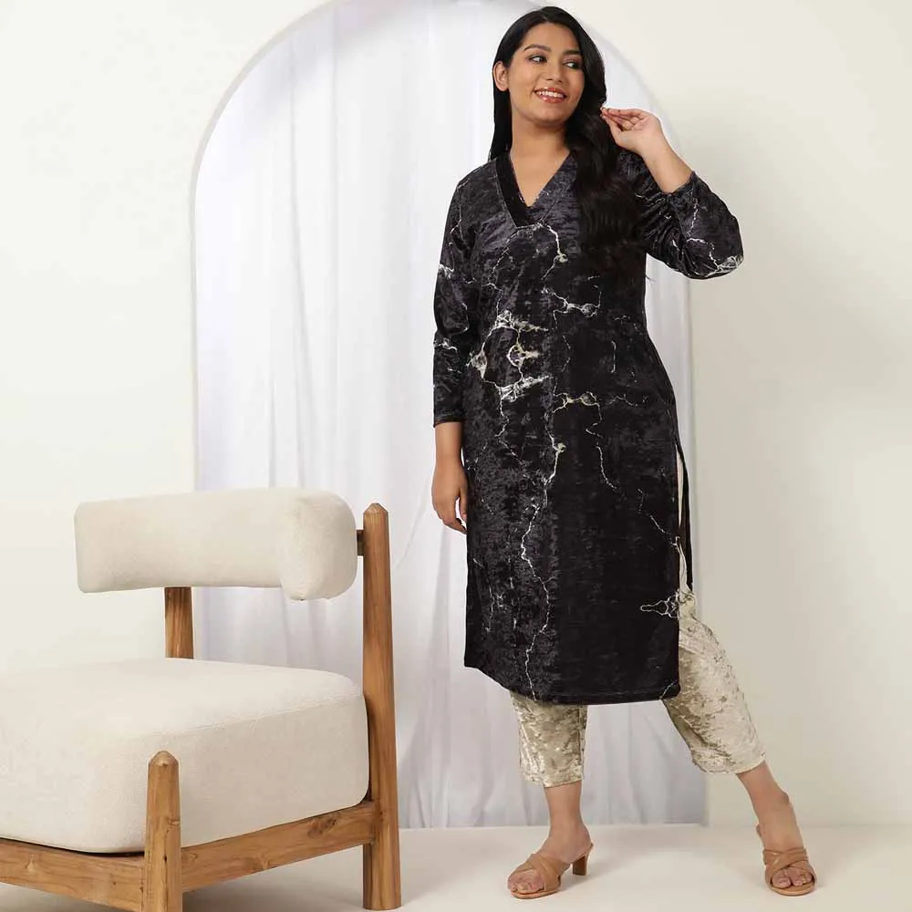 Black Marble V Neck Velvet Kurta