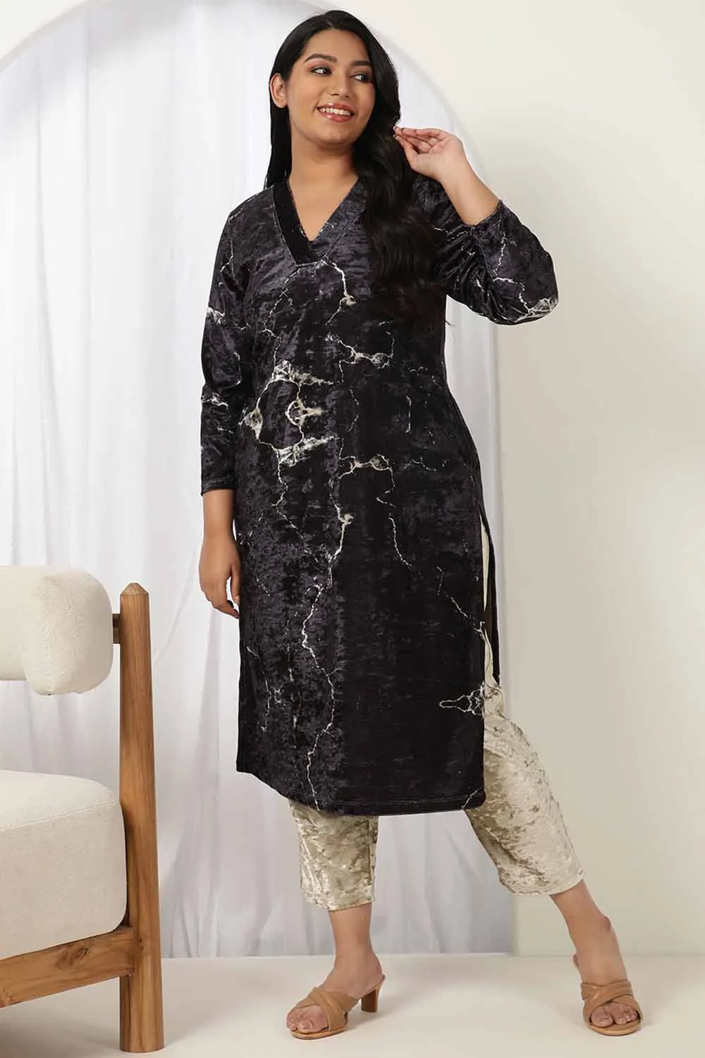 Black Marble V Neck Velvet Kurta