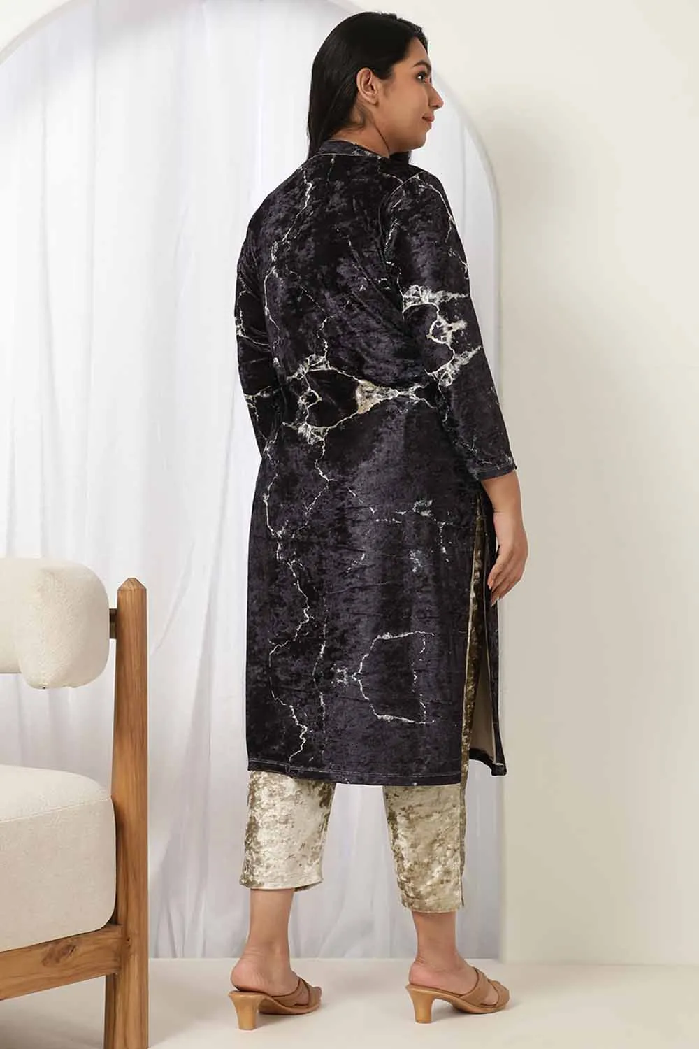 Black Marble V Neck Velvet Kurta