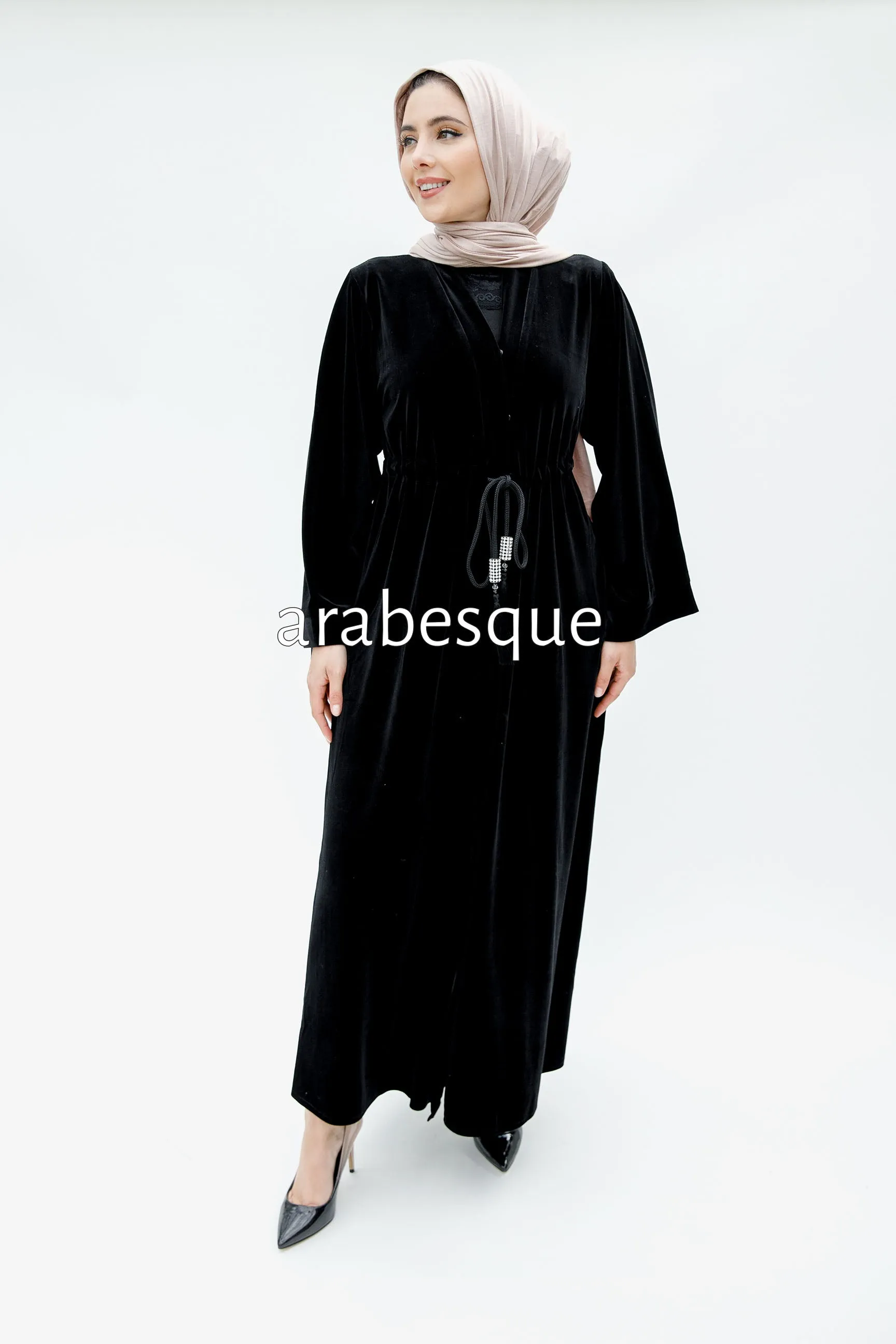 Black Plain Velvet Open Abaya