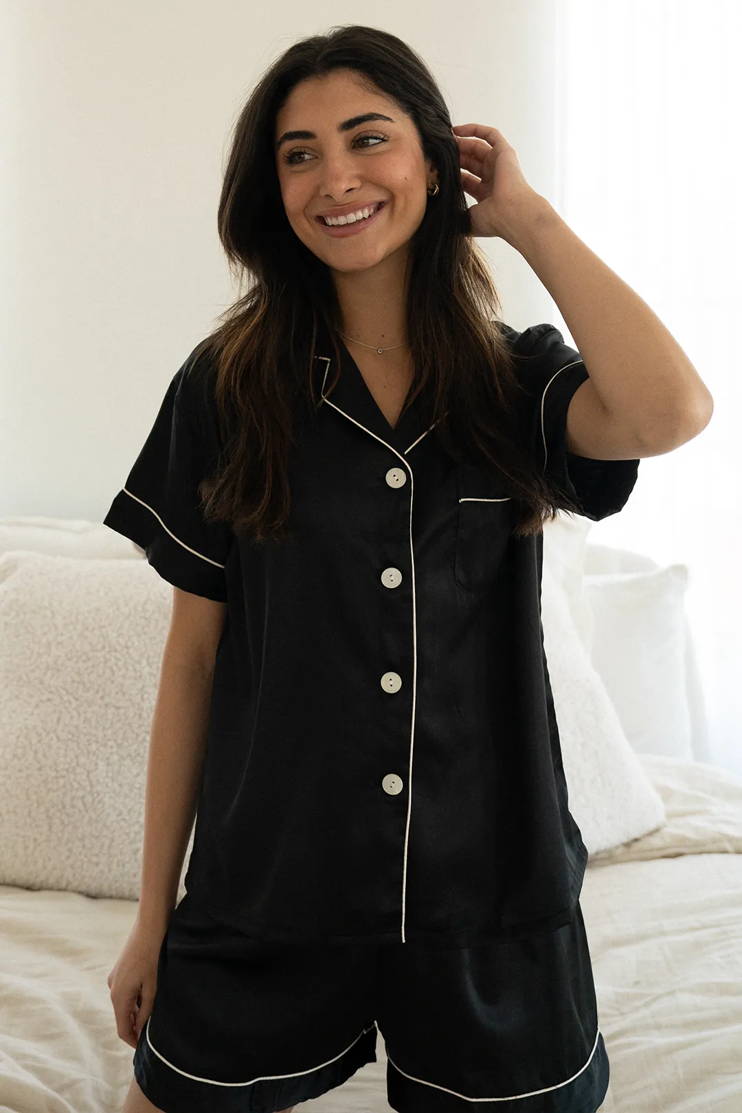 Black Satin Pajamas Shorts Set