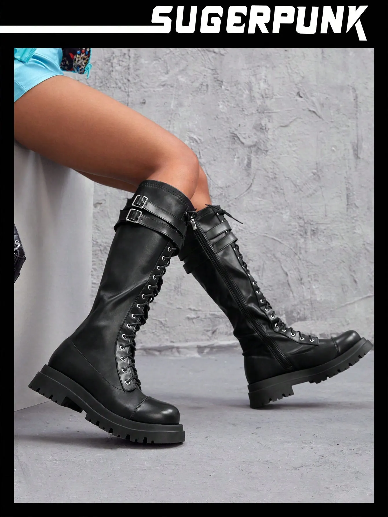 Buckle Decor Lace-Up Front Combat Boots For Summer