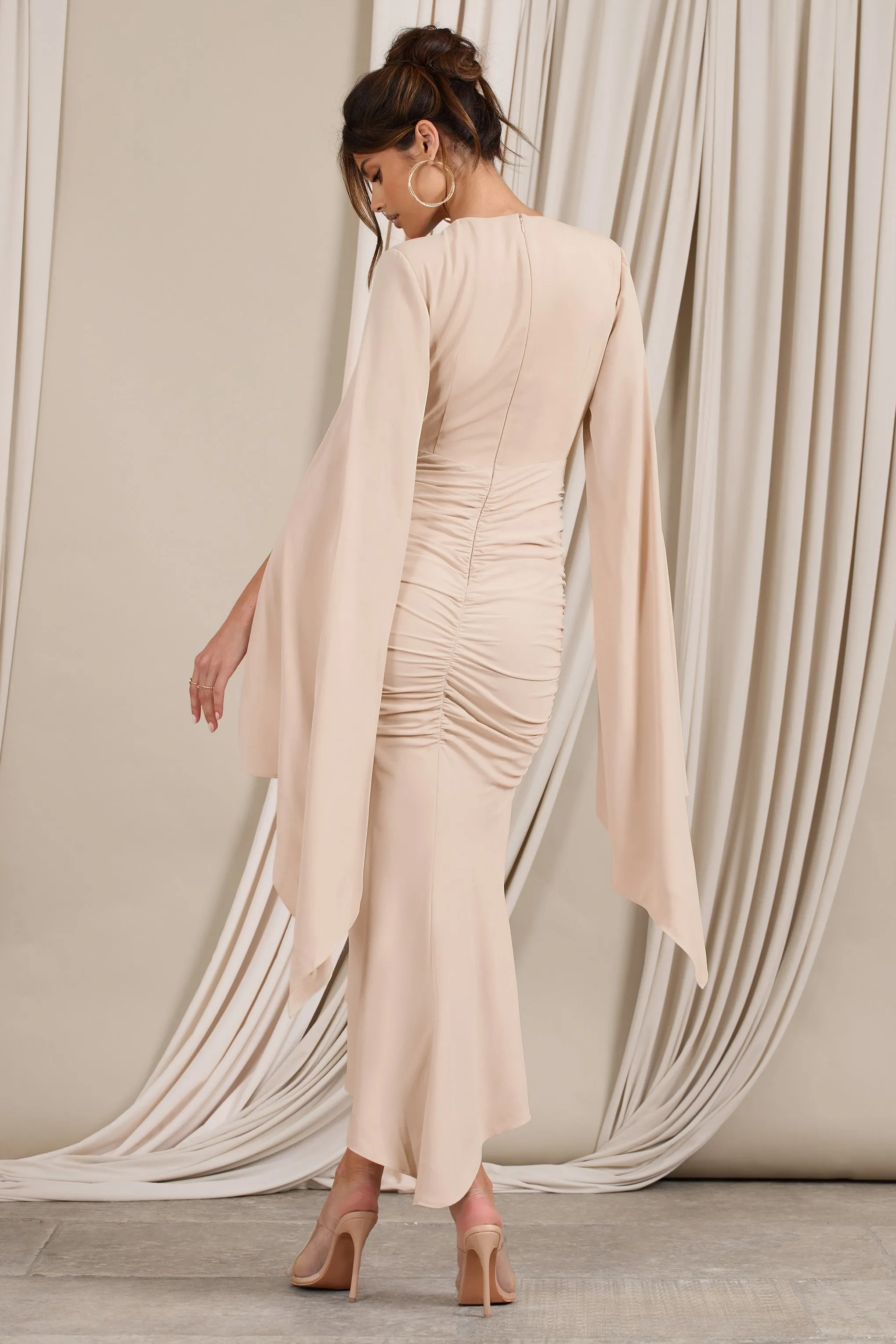 Calla | Champagne Ruched Long-Sleeved Flared Midi Dress