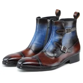 Captoe Double Monk Strap Zipper Boots - Brown & Blue