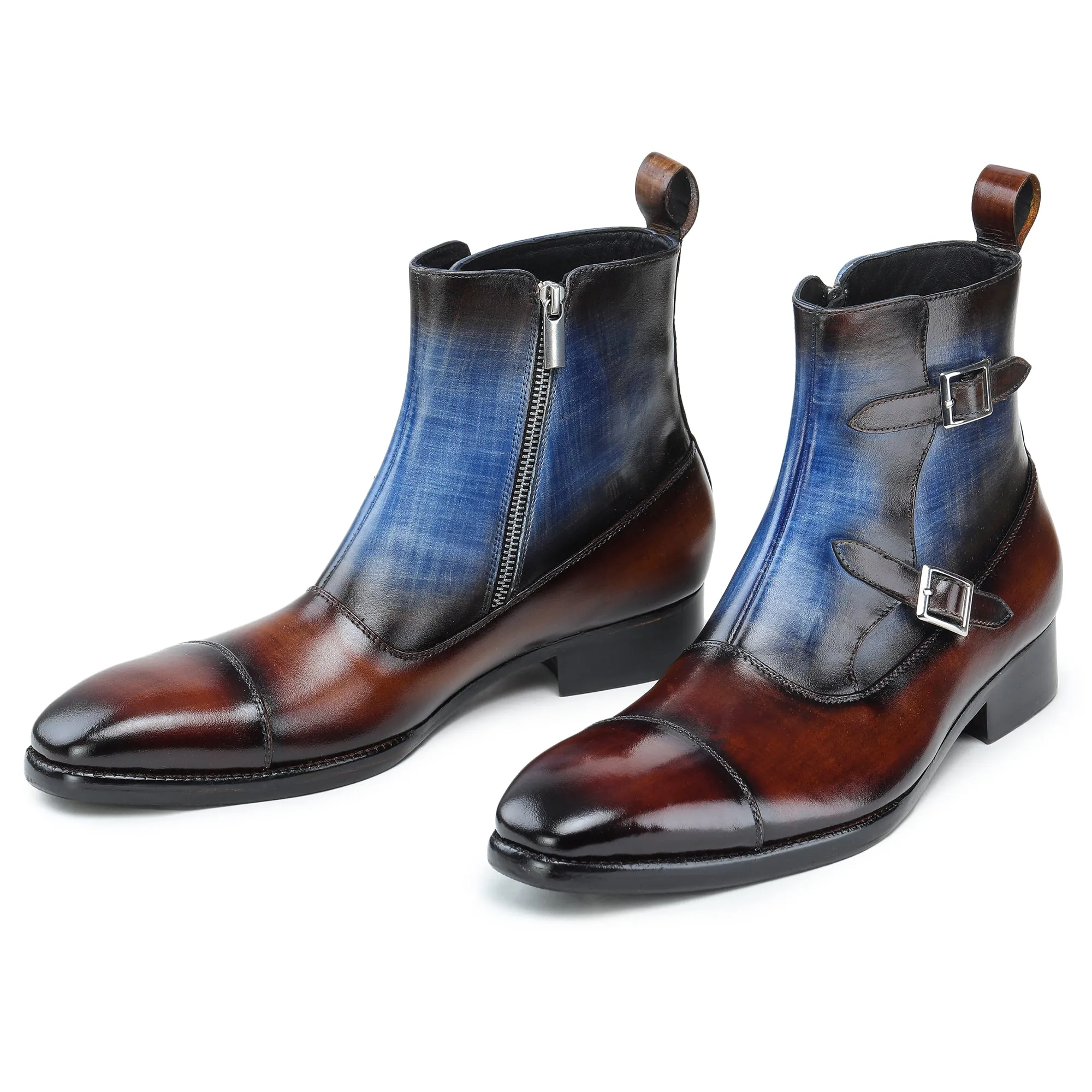 Captoe Double Monk Strap Zipper Boots - Brown & Blue