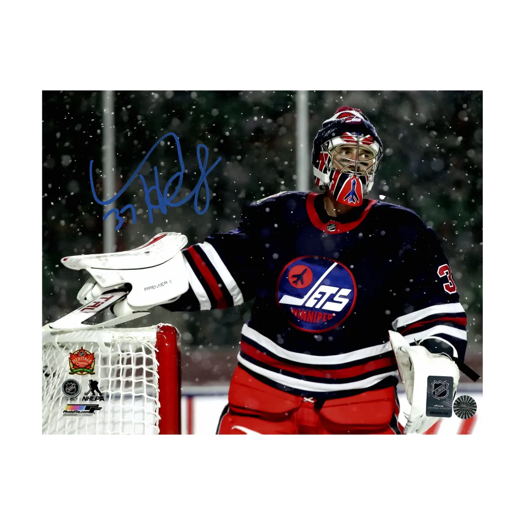 Connor Hellebuyck Winnipeg Jets Autographed Heritage Classic Snow Blue Pen 11x14 Photo - Fan Cave COA