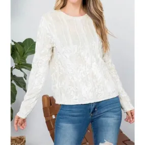 Cream Crushed Velvet & Lace Top