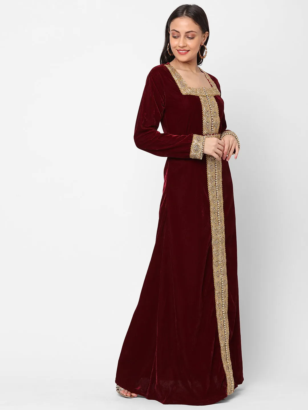 Designer Gown In Velvet Long Sleeve Maxi in Maroon Velvet