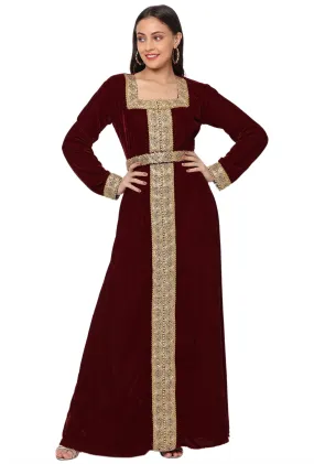 Designer Gown In Velvet Long Sleeve Maxi in Maroon Velvet