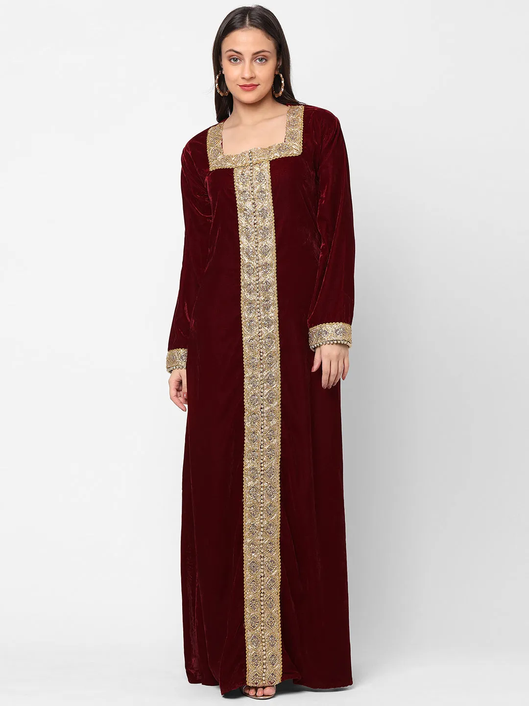 Designer Gown In Velvet Long Sleeve Maxi in Maroon Velvet