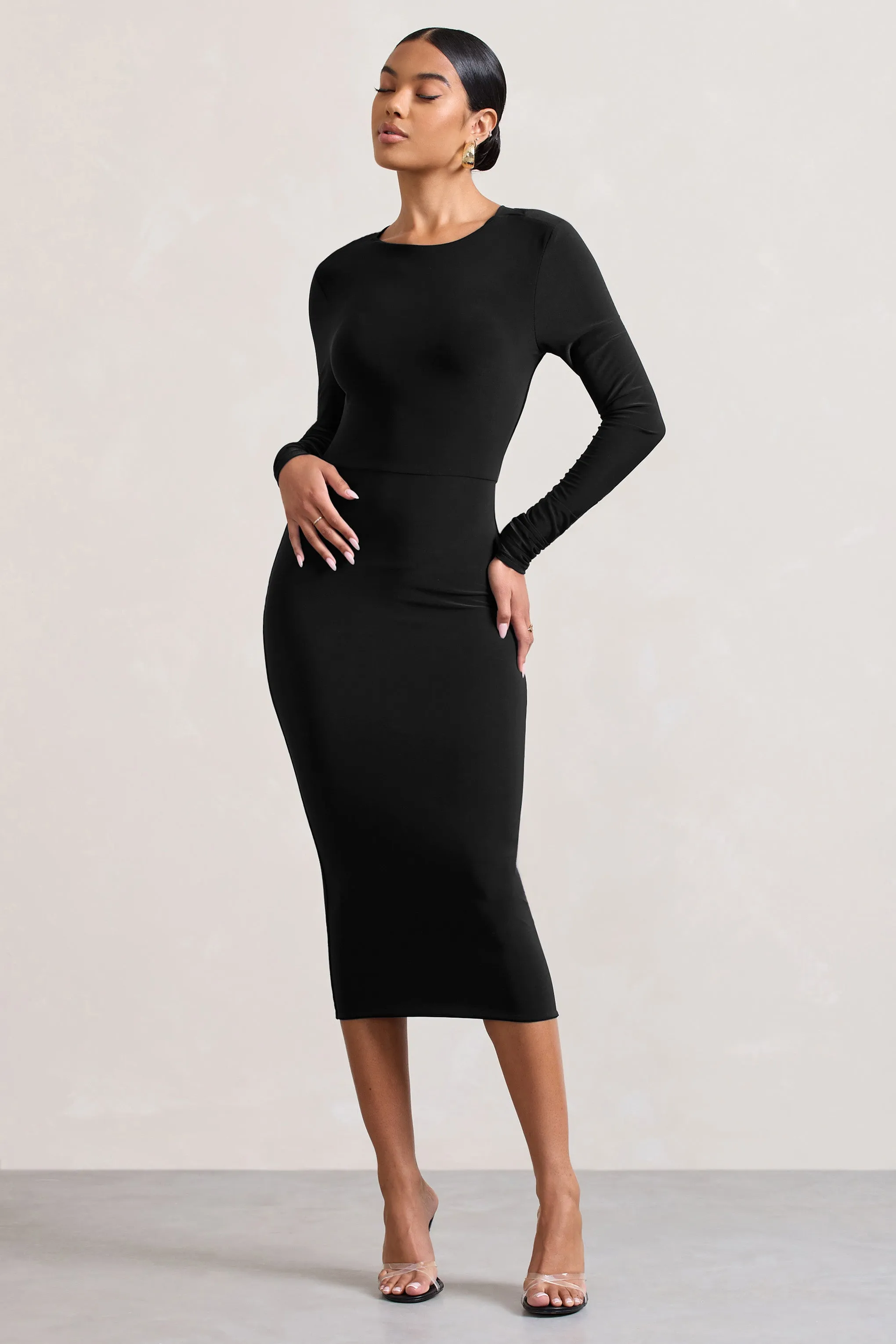 Dynasty Darling | Black Cowl-Back Long-Sleeved Bodycon Midi Dress