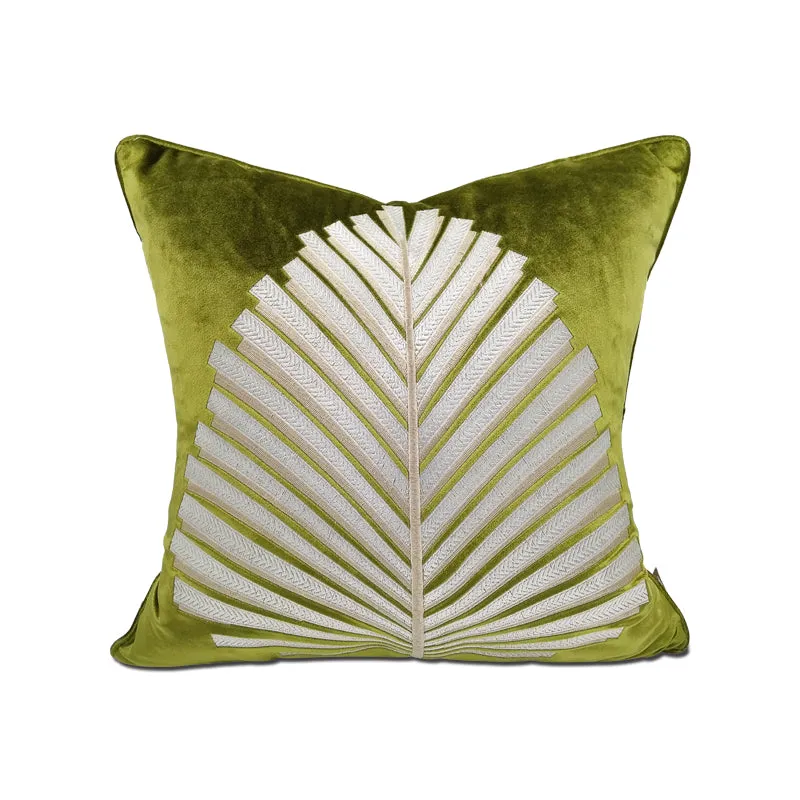 Embroidered Fern Leaf Green Velvet Cushion