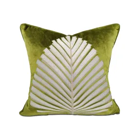 Embroidered Fern Leaf Green Velvet Cushion