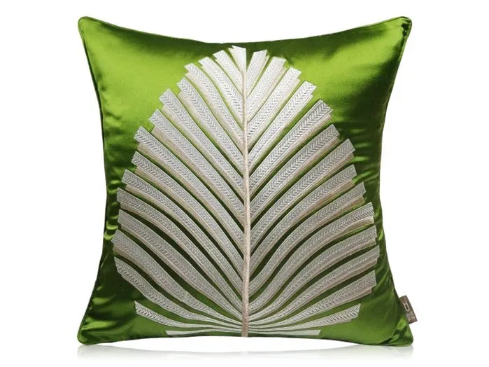 Embroidered Fern Leaf Green Velvet Cushion