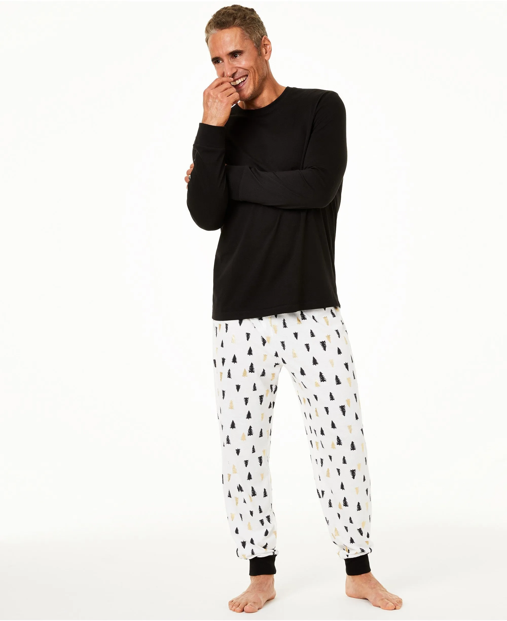 Family Pajamas Men's Tree-Print Lon-Sleeves Pajama Set, Black/White, M