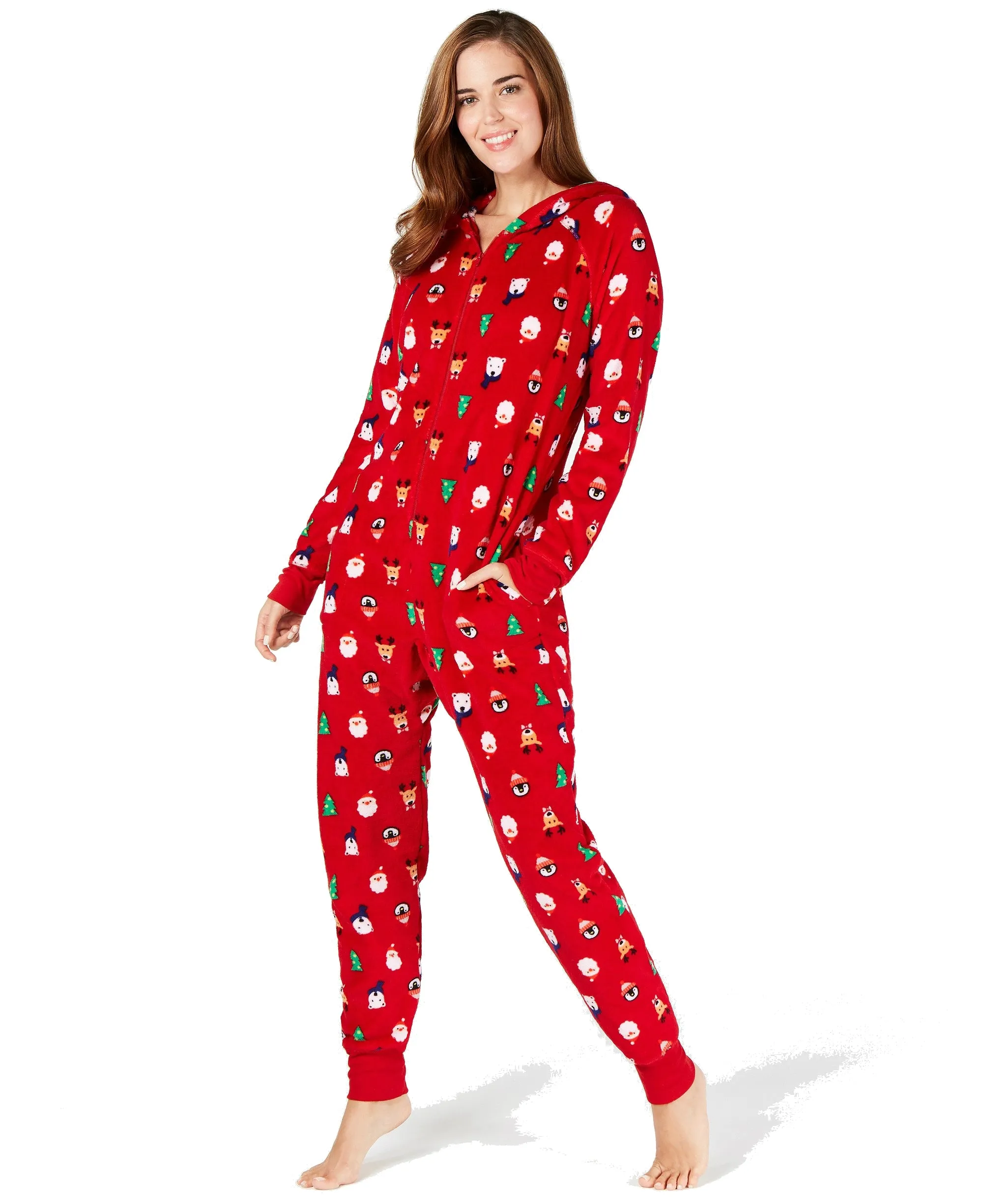 Family PJs Women's Santa and Friends Hooded Fleece Pajamas, Santa/Red, XS