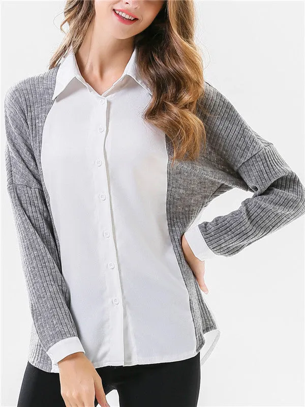 Gray stitching White Long-sleeved Shirt