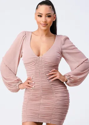 Johana Glitter Double Ruched Long-Sleeved Mini Dress