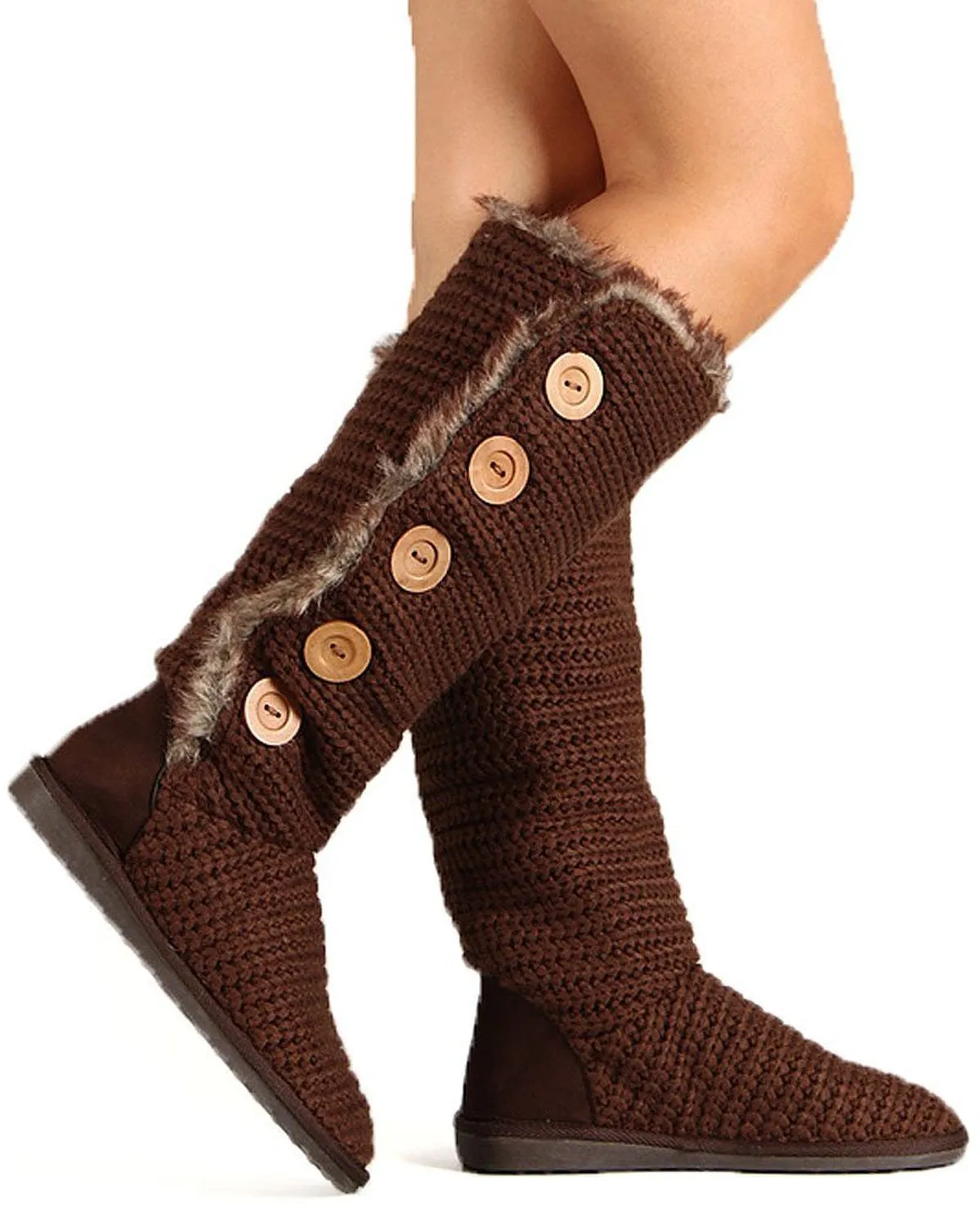 Knit Sweater Fur Cuff Button Slouchy Knee High Boot Brown