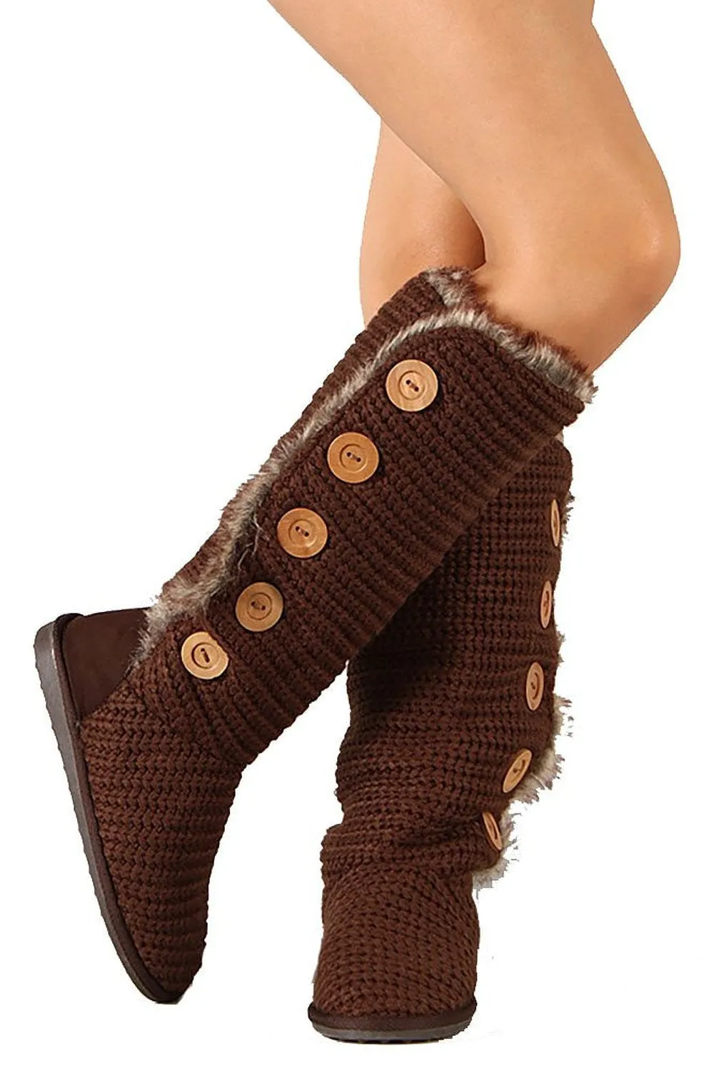 Knit Sweater Fur Cuff Button Slouchy Knee High Boot Brown