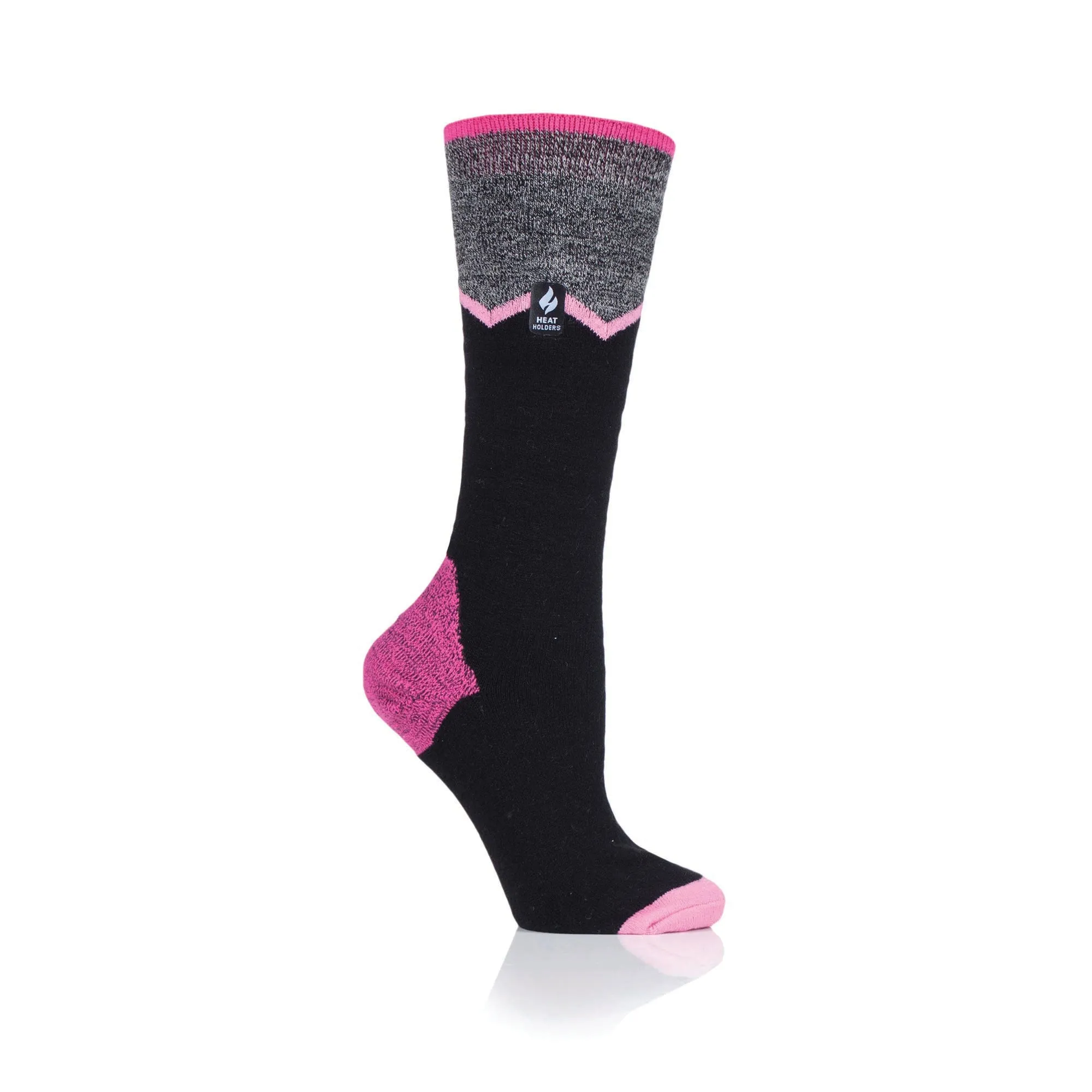 Ladies Ultra Lite Long Ski & Snow Sports Socks - Black & Pink Zig Zag