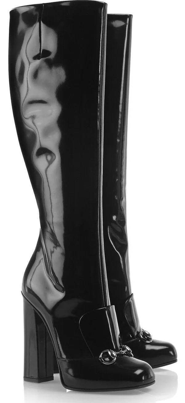 'Lillian' Horsebit Black Patent Leather Knee-High Boots