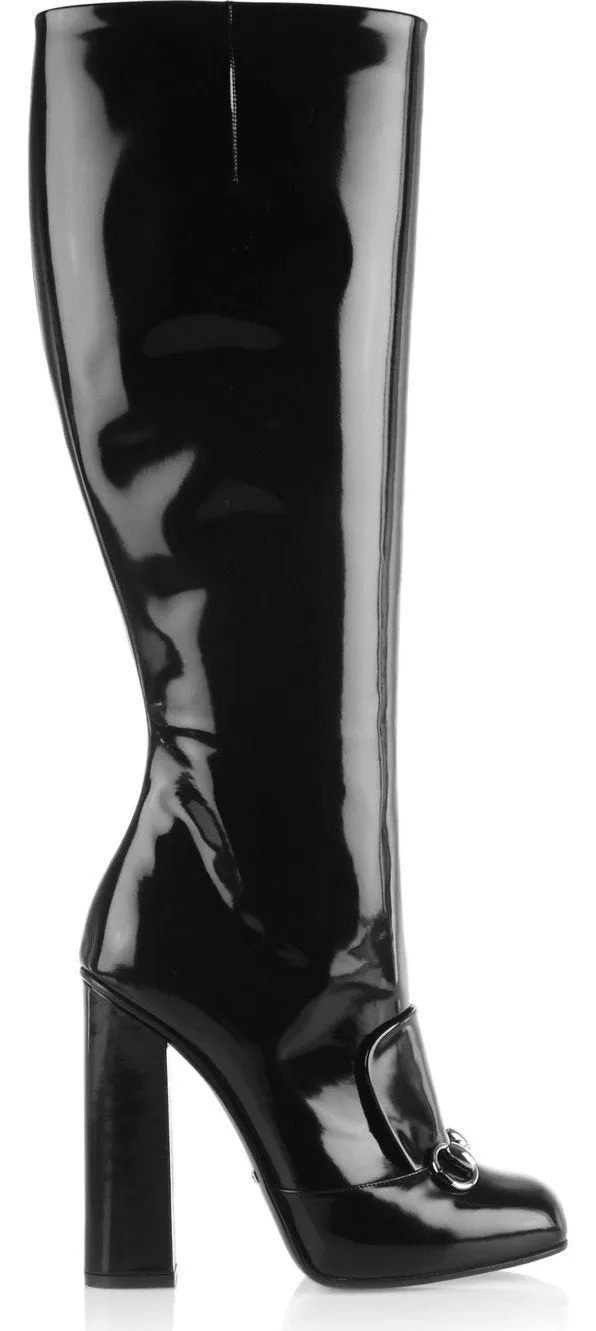 'Lillian' Horsebit Black Patent Leather Knee-High Boots