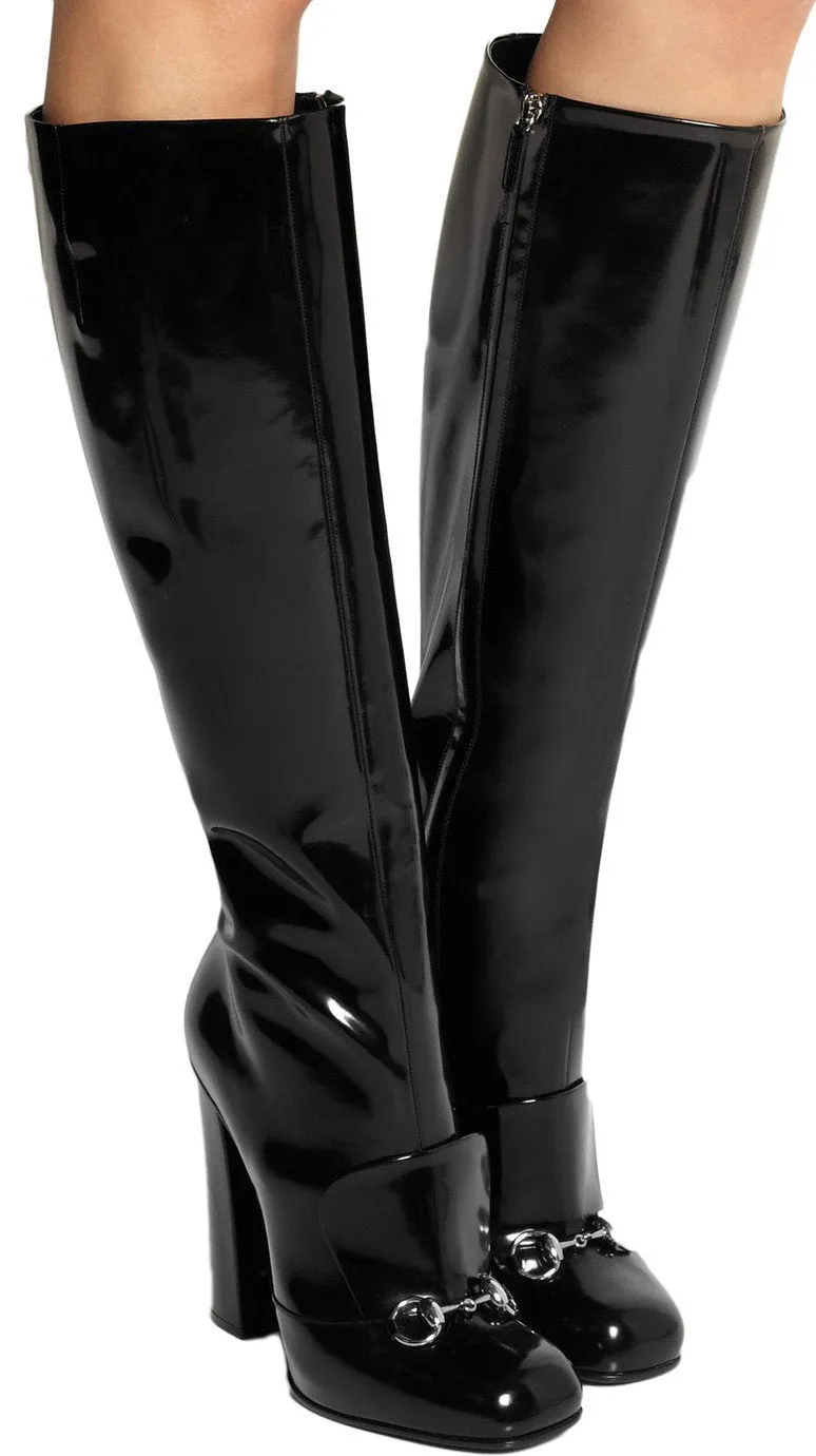 'Lillian' Horsebit Black Patent Leather Knee-High Boots