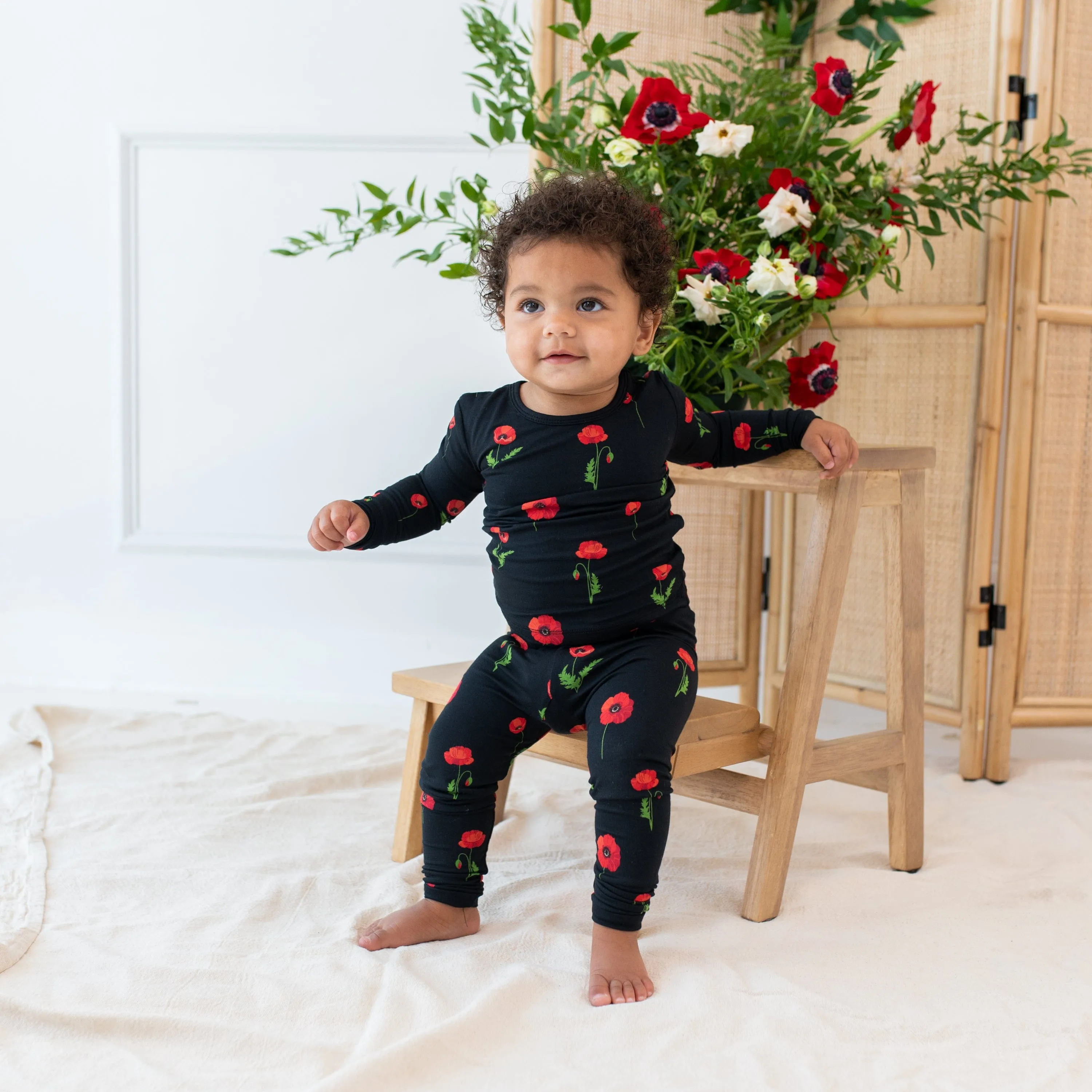 Long Sleeve Pajamas in Midnight Poppies