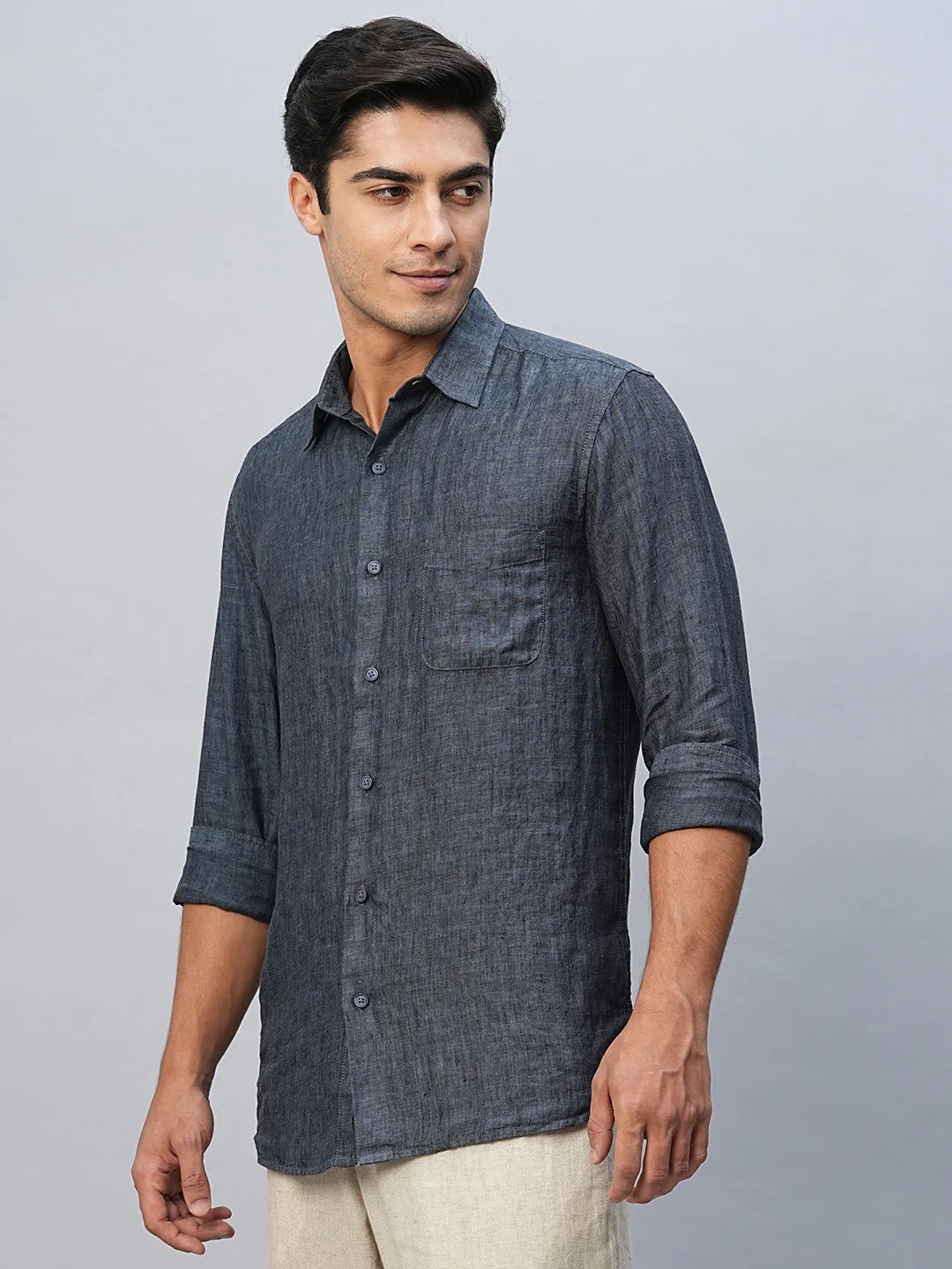 Men's 100% Linen Navy Regular Fit Long Sleeved Shirt