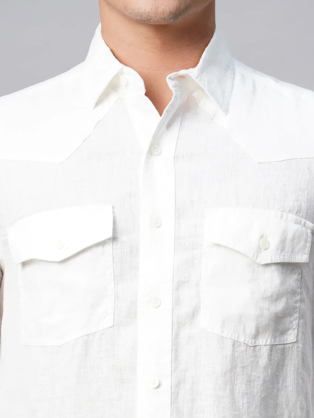 Men's 100% White Linen Regular Fit Long Sleeved Shirt