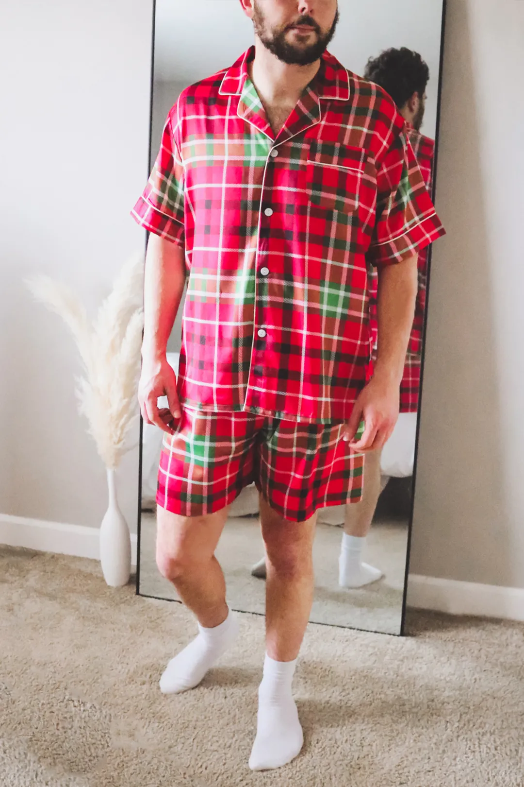 Men's Red Satin Plaid pajamas