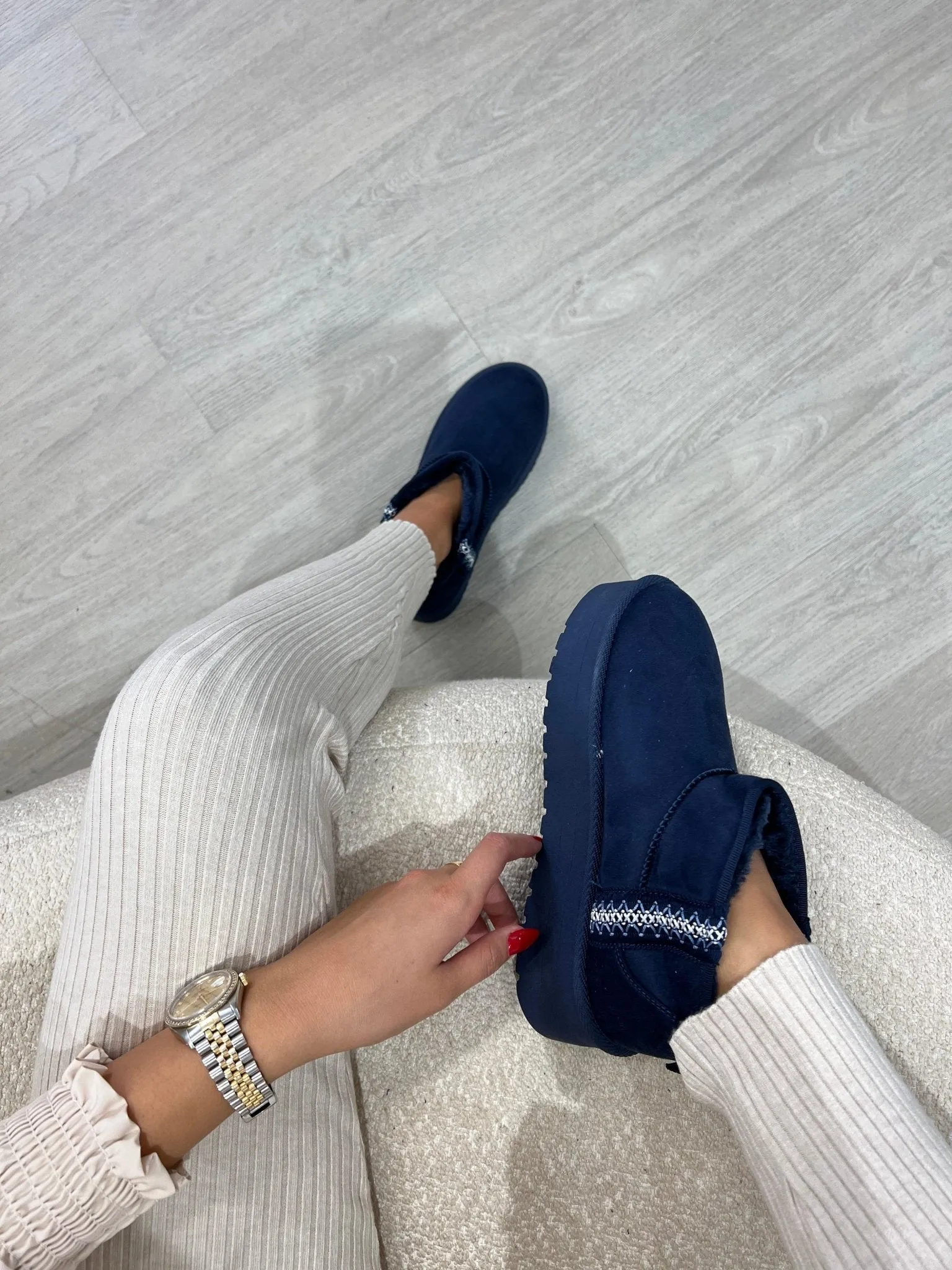 Navy Faux Fur Mini Platform Boots with Stitch Detail