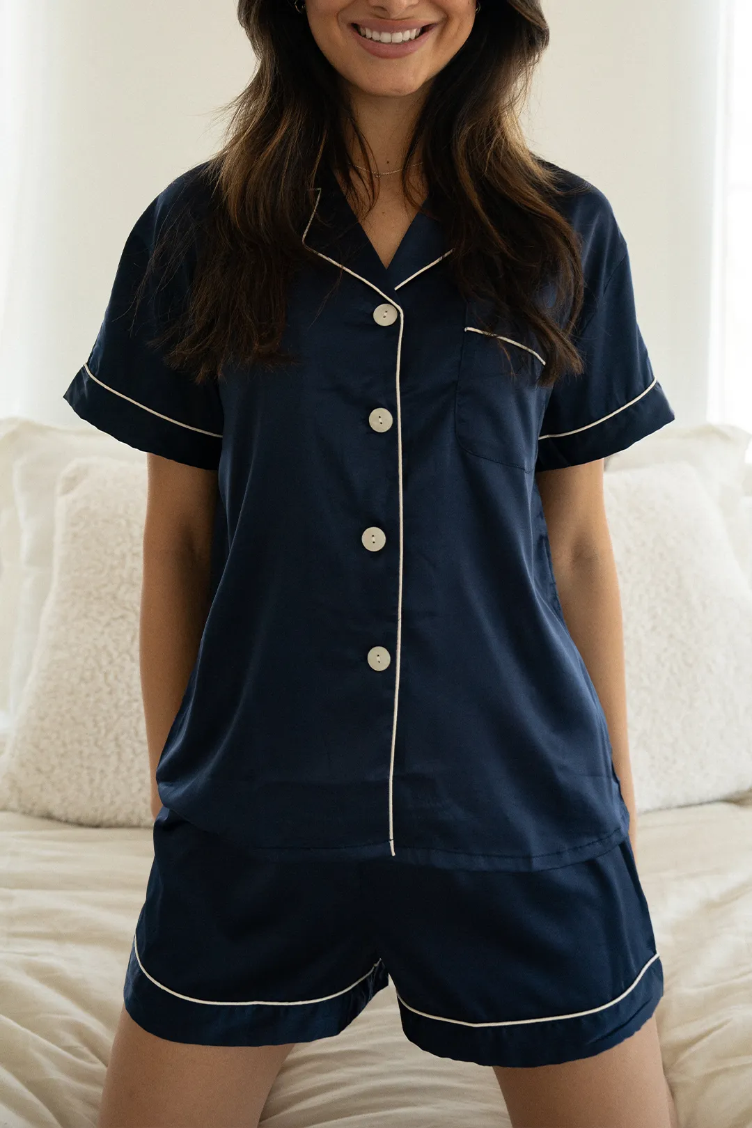 Navy Satin Pajamas Shorts Set