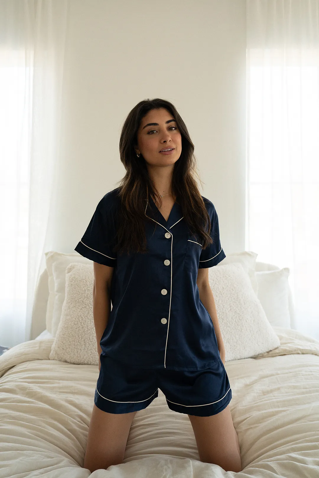 Navy Satin Pajamas Shorts Set